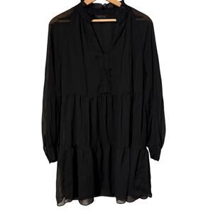 1.STATE Dress Womens Size L Black Tiered Babydoll Mini Long Sleeve V-Neck